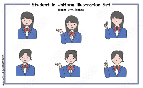 制服姿の学生 イラストセット3-5 (ジャケット&リボン) / Student in Uniform, Character Pose Set