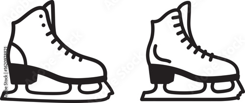 A pair of ice skates shown from the side, one slightly different from the otherskate, ice, skating, boot, shoe, footwear, blade, sport, winter, activity, recreation, athletic, equipment, gear, apparel