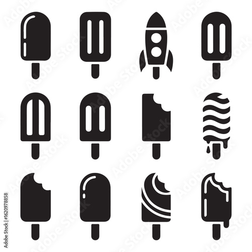 Vector art of a collection of popsicle and ice cream icons, showcasing various flavors and styles for a sweet summer treat