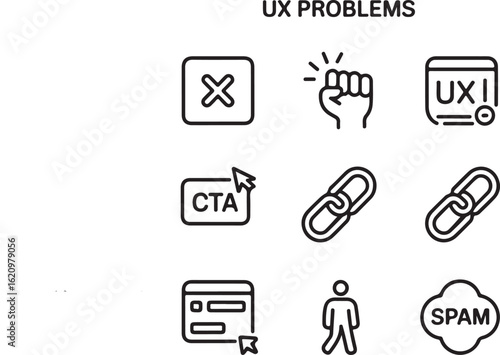 User Drop-Off and Interaction Friction Icon Set  Line Art Vector Symbols for UX Pitfalls