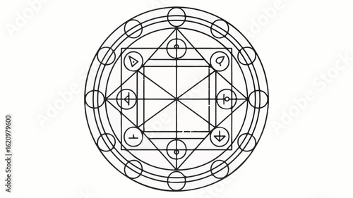 Intricate black and white geometric symbol with circular and triangular elements sacred geometry