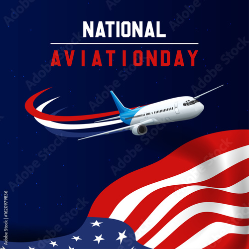 National Aviation Day USA – Airplane, American Flag, Sky Celebration Graphic