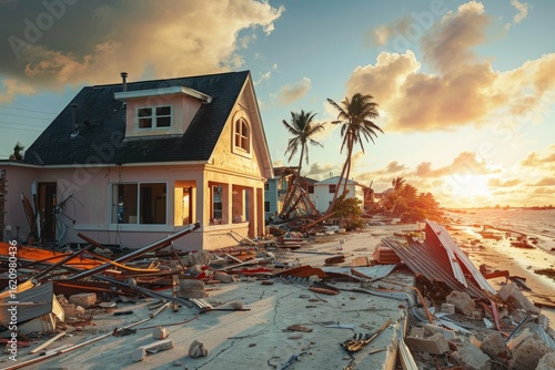 Distressed coastal home surrounded by debris at sunset highlighting the aftermath of a natural disaster