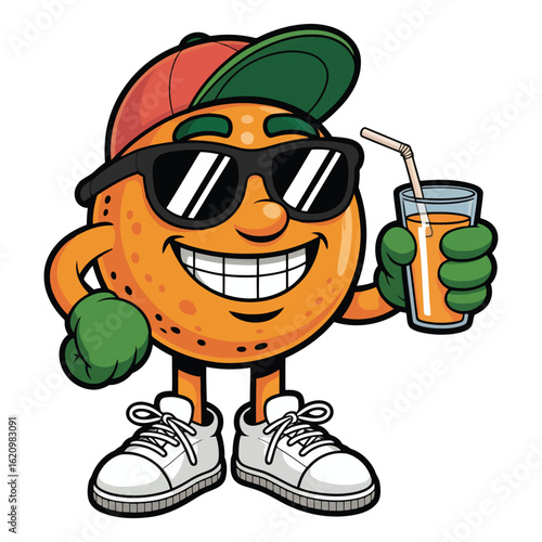 Orange Juice Mascot's Cool Vibes: A vibrant illustration of an orange juice mascot, exuding coolness with shades and cap, holding a refreshing glass of juice and wearing sneakers. 