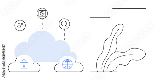 Cloud as central element with lock, globe, user, and search icons representing data sharing, security, and connectivity. Ideal for technology, innovation, network web services cybersecurity
