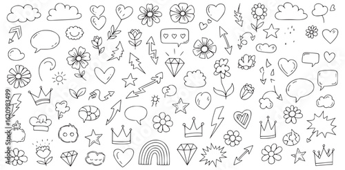 Hand drawn doodle collection, vector icon set of clouds hearts flowers crowns rainbows diamonds stars arrows speech bubbles and cute sketch symbols for creative designs

