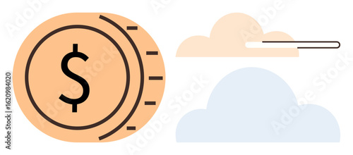 Coin with dollar sign and floating clouds signifies digital transactions, online payments, financial technology. Ideal for online commerce, finance innovation, investment, fintech, saving, virtual