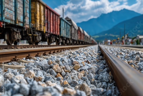 Low-angle view of multicolored gravel wagons on railroad track with rocky foreground and blue sky

