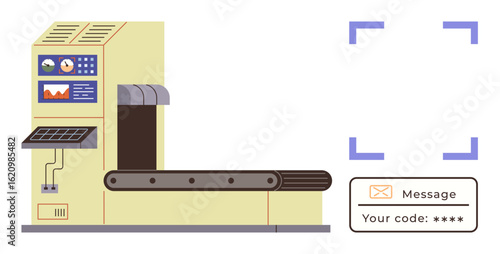 Conveyor belt with control panel, data graphs, and security scanner. Digital screen displays verification code and message. Ideal for technology, security, industry, automation, logistics