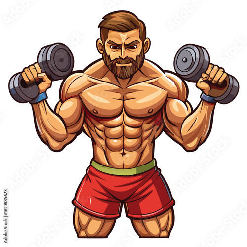 Muscular man training his biceps with a dumbbell at the gym, showcasing his athletic strength and powerful physique
