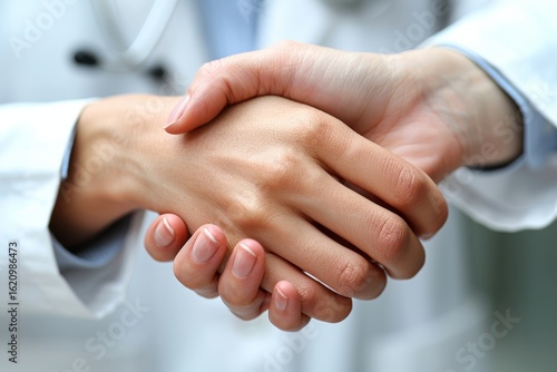 Healthcare professional and patient shake hands to build trust and rapport during a medical consultation in a clinical setting