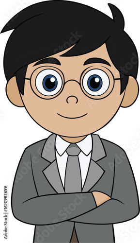 Stylized Cartoon of a Light  skinned Male Character in Business Attire Full Shot with Arms Crossed