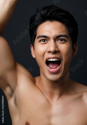 Excited shirtless young Asian man cheering with raised arm and open mouth energetic expression against dark background
