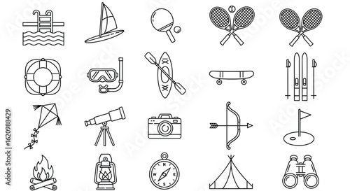 Outdoor recreation and sports line icons set, summer and winter activities, travel and adventure