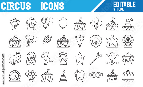 Editable Circus Icons for Shows, Acts, and Funfair Performances