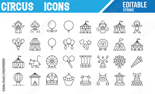 Circus and Entertainment Icons Featuring Performers, Balloons, and Lions