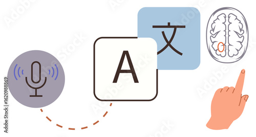 Microphone representing voice input, language characters signifying translation, brain denoting cognition. Ideal for AI, machine learning, language processing, education, neuroscience