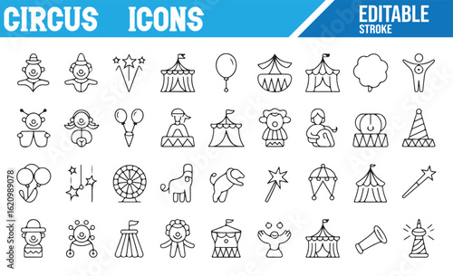 Set of Circus Icons, Clown, Tent, Balloons, and Performers. Editable Stroke Vector Icons for Circus, Funfair, and Entertainment Activities.