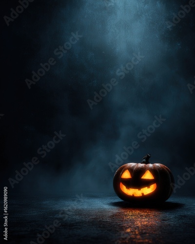 Glowing Halloween pumpkin in dark foggy background. Jack-o'-lantern pumpkin glowing on a moody dark background with fog, spooky Halloween atmosphere