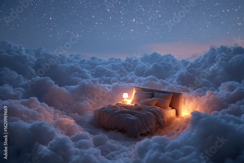 Dreamy bed in the clouds celebrating world sleep day under a starry sky