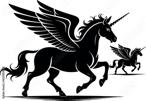 A black and white illustration of two pegasus unicorns running with wings spread on a white background