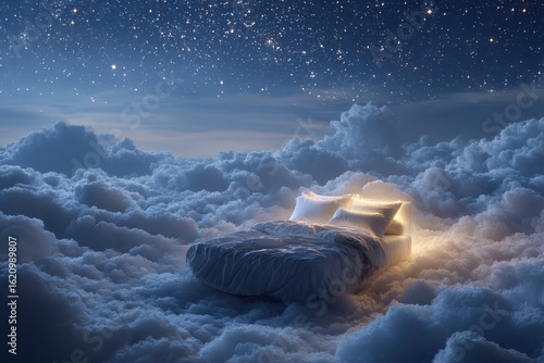 Dreamy bed in the clouds celebrating world sleep day under a starry sky
