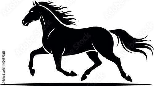 A black silhouette of a horse running with the word equs above it on a white background design logo