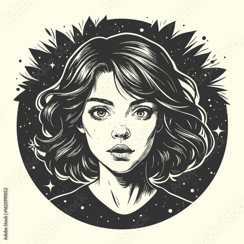 Woman fashion portrait illustration with black hair and sensuality lips