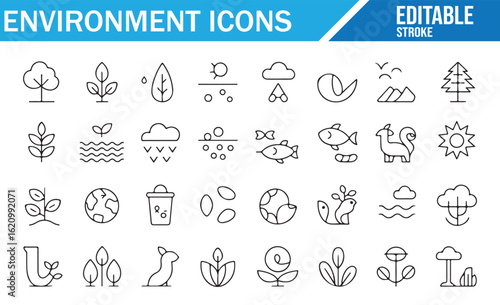 Set of Environment Icons, Trees, Animals, Water, and Nature. Editable Stroke Vector Icons for Ecological, Environmental, and Sustainability Themes.