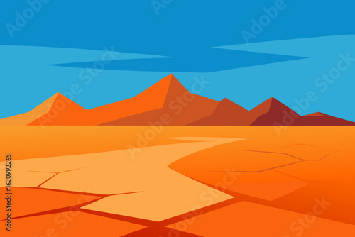 Stylized desert landscape with cracked earth and distant mountains