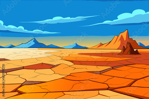 Stylized desert landscape with cracked earth and distant mountains under a blue sky