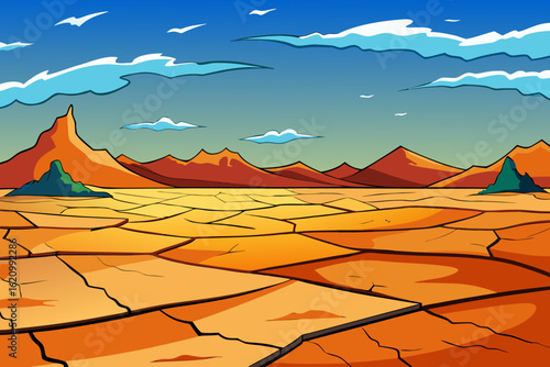 Stylized desert landscape with cracked earth and mountains under a blue sky