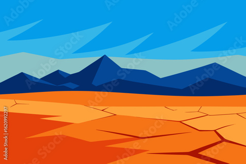 Stylized desert landscape with cracked earth and blue mountains under a bright sky