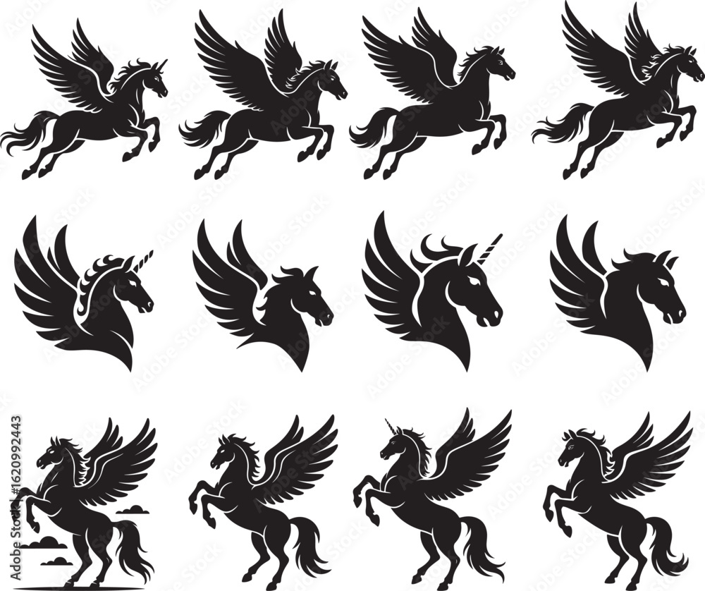 Obraz premium Silhouette collection of winged horses and unicorns