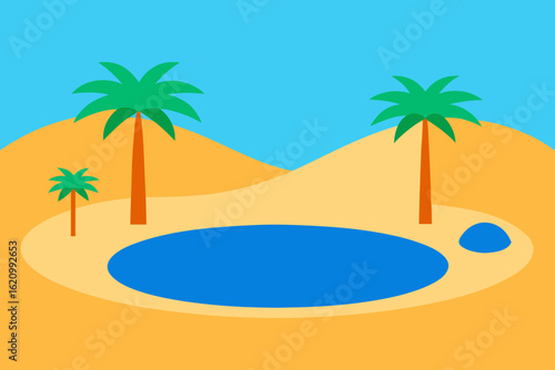 Stylized desert oasis with palm trees and blue water