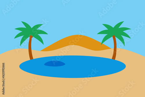 Desert oasis with palm trees and blue sky
