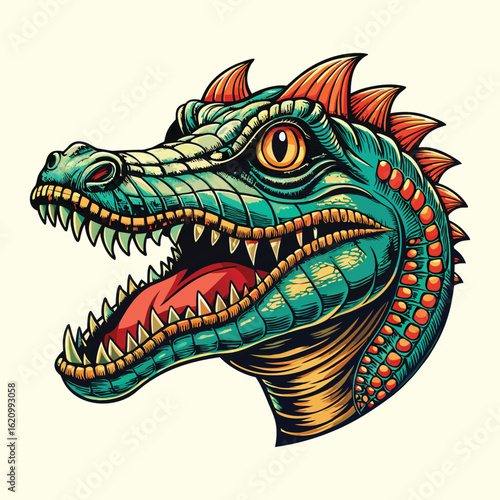 Green fantasy dragon head with sharp teeth and scales, isolated on a white background, resembling a mythical reptile or dinosaur