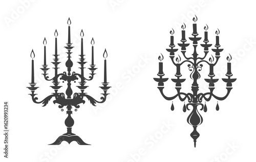 Elegant silhouette illustration of two elaborate candelabras or candle holders with lit candles