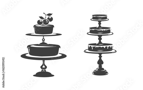 Elegant Cake Stands Showcasing Delicious Layered Cakes and Cherry Topped Dessert vector