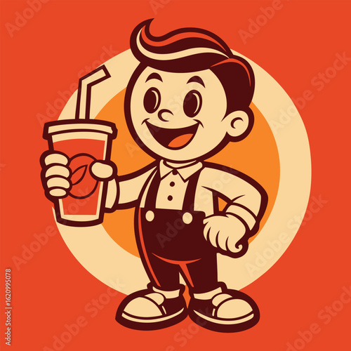Retro Vintage Cartoon Boy Mascot Holding Soda Drink Cup with Straw 