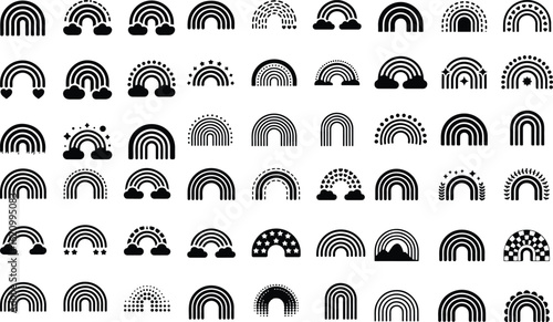 Monochrome Rainbow Silhouette Icon Set – Minimal Arch Design Black and White Rainbow Icon Collection – Trendy Silhouette Set
