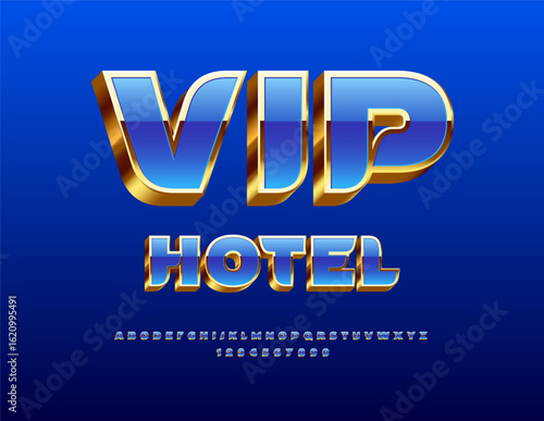 Vector Exclusive style logo VIP Hotel. Luxury 3D Font. Blue and Gold Premium Alphabet Letters and Numbers set