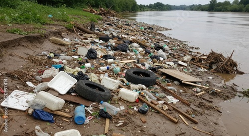 Riverbank Choked: Plastic Waste and Debris Accumulate After Flood