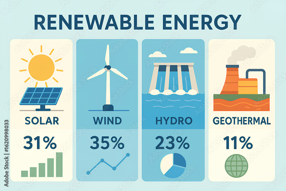 Naklejka premium A horizontal flat-style infographic showing types of renewable energy: solar, wind, hydro, and geothermal, with icons and statistics for education atmosphere
