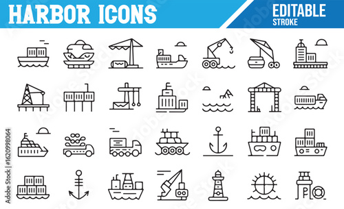 Editable Vector Icons for Harbor, Docking, and Freight Transport