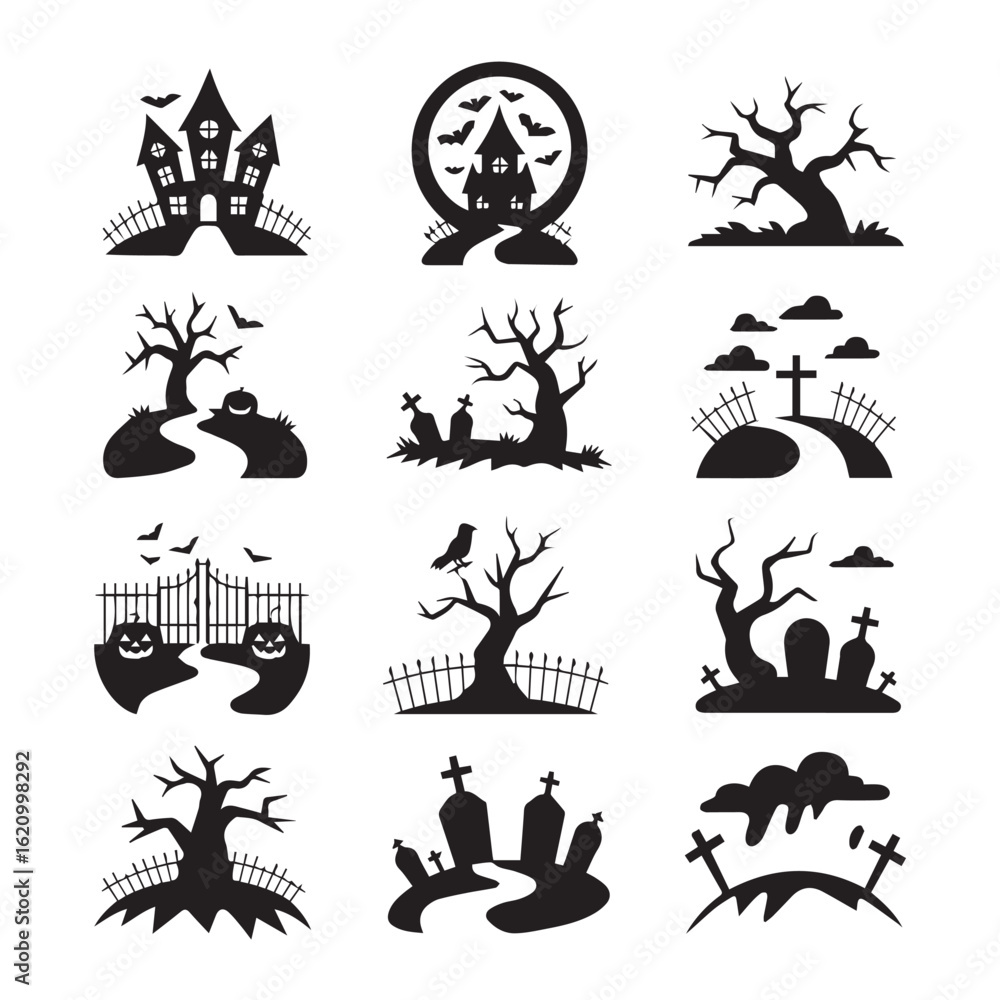 Fototapeta premium Vector art of a series of black and white halloween landscape icons depicting haunted houses, spooky trees, and graves