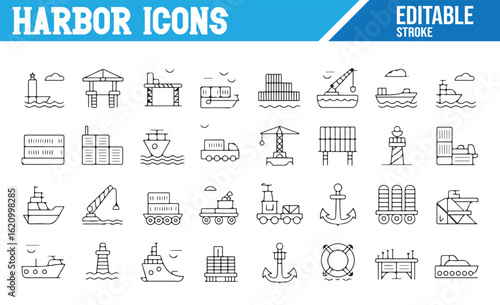 Shipping, Docking, and Cargo Icon Set for Harbor Industry