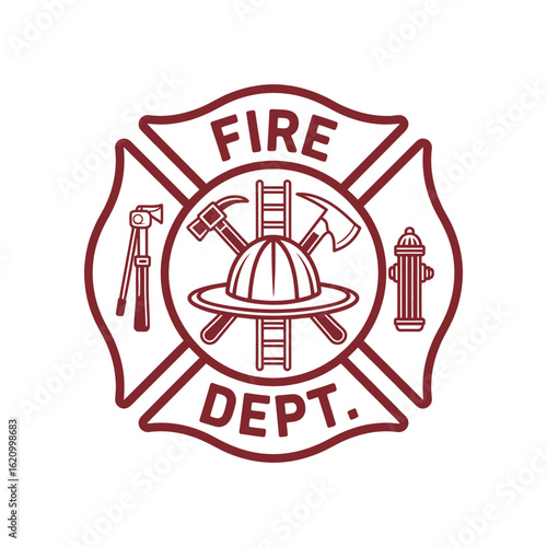 Fire Department Maltese Cross Emblem with Firefighting Tools and Equipment Outline Illustration for Emergency Services