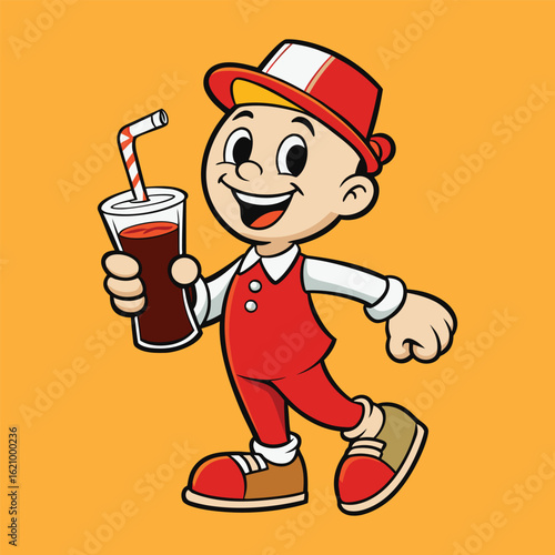 Friendly classic food mascot illustration offering a soft drink for a restaurant or beverage brand