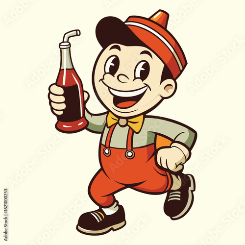 Retro cartoon mascot of a boy in vintage clothing delivering a bottle of soda pop